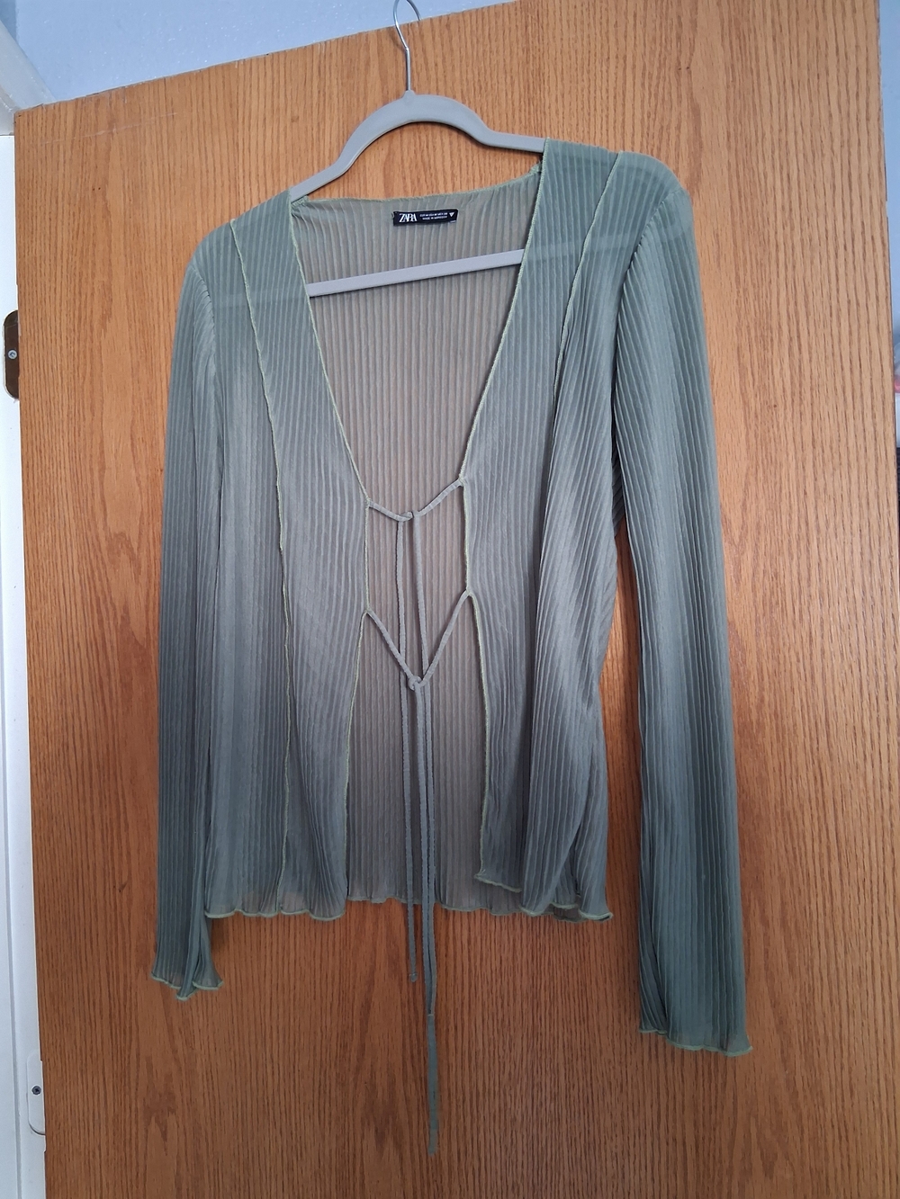 Zara Olive Green Pleated Tie-Front Long Sleeve Top